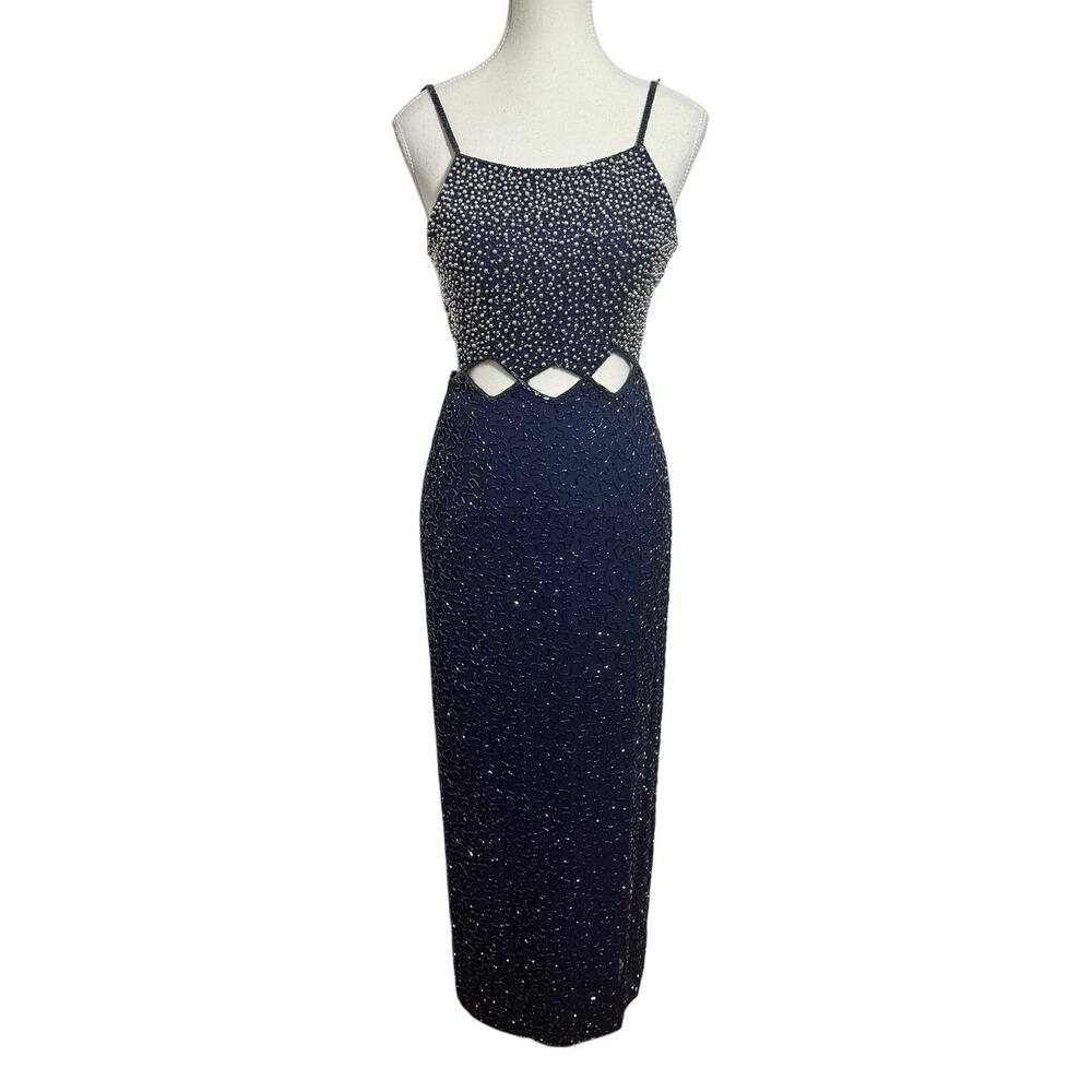 Andretta Donatello Silk Beaded Formal Gown Dress Women XS‎ Navy Blue 90s Prom